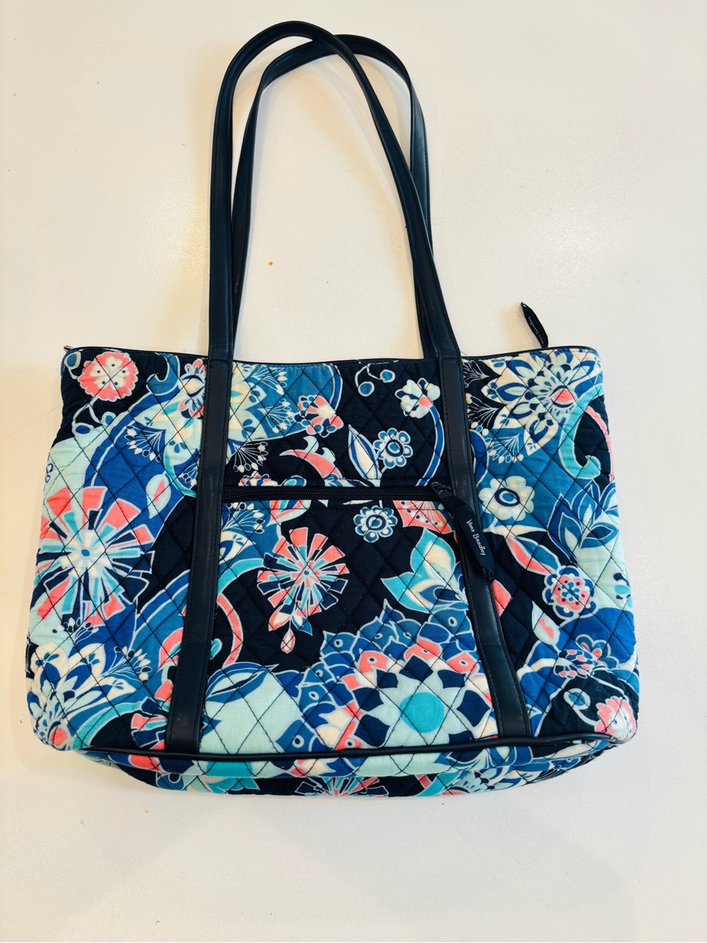 Vera Bradley Lotus Flowers Tote in Navy, Aqua and Coral size H 10 W 15 - Picture 4 of 9